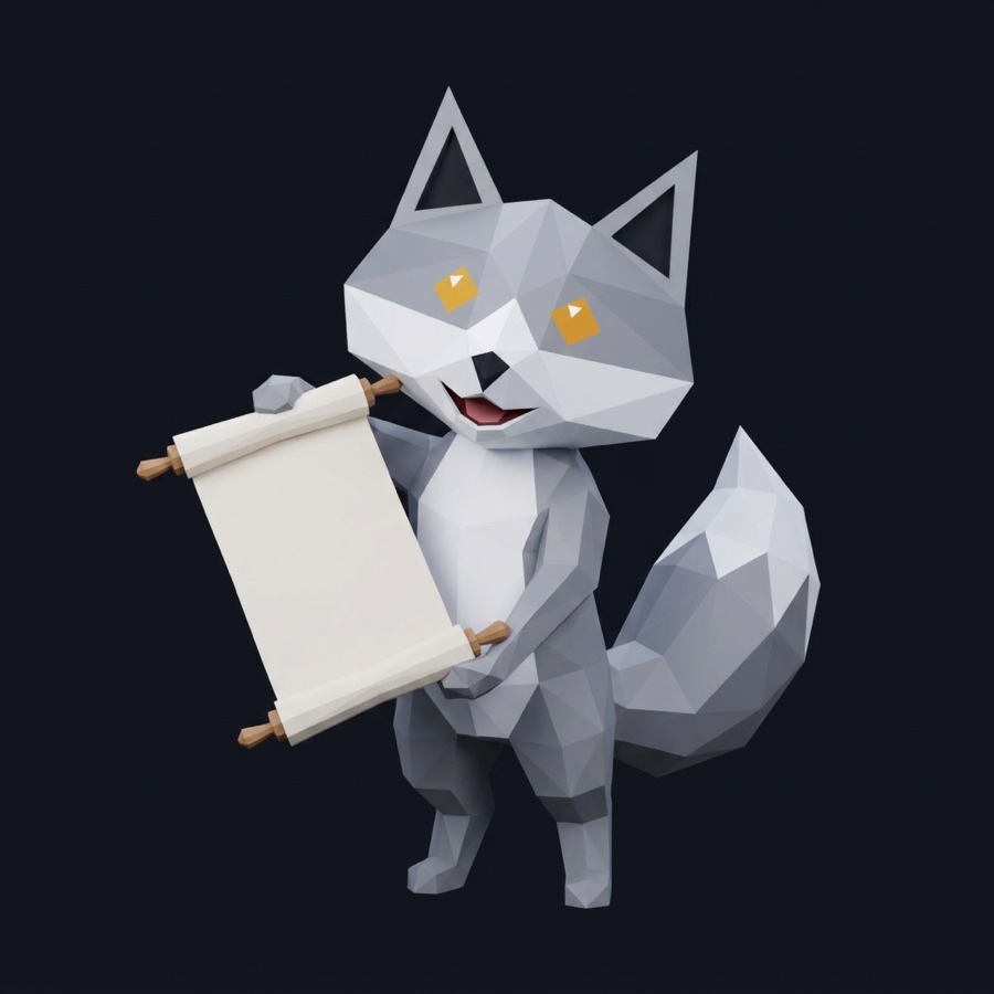 Mere, the Corrimere mascot: a low-poly silver fox holding a blank scroll